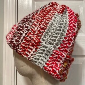 Handmade Crochet Chunky Ribbed Upcycled Multi Fiber Scrappy Yarn Beanie Hat